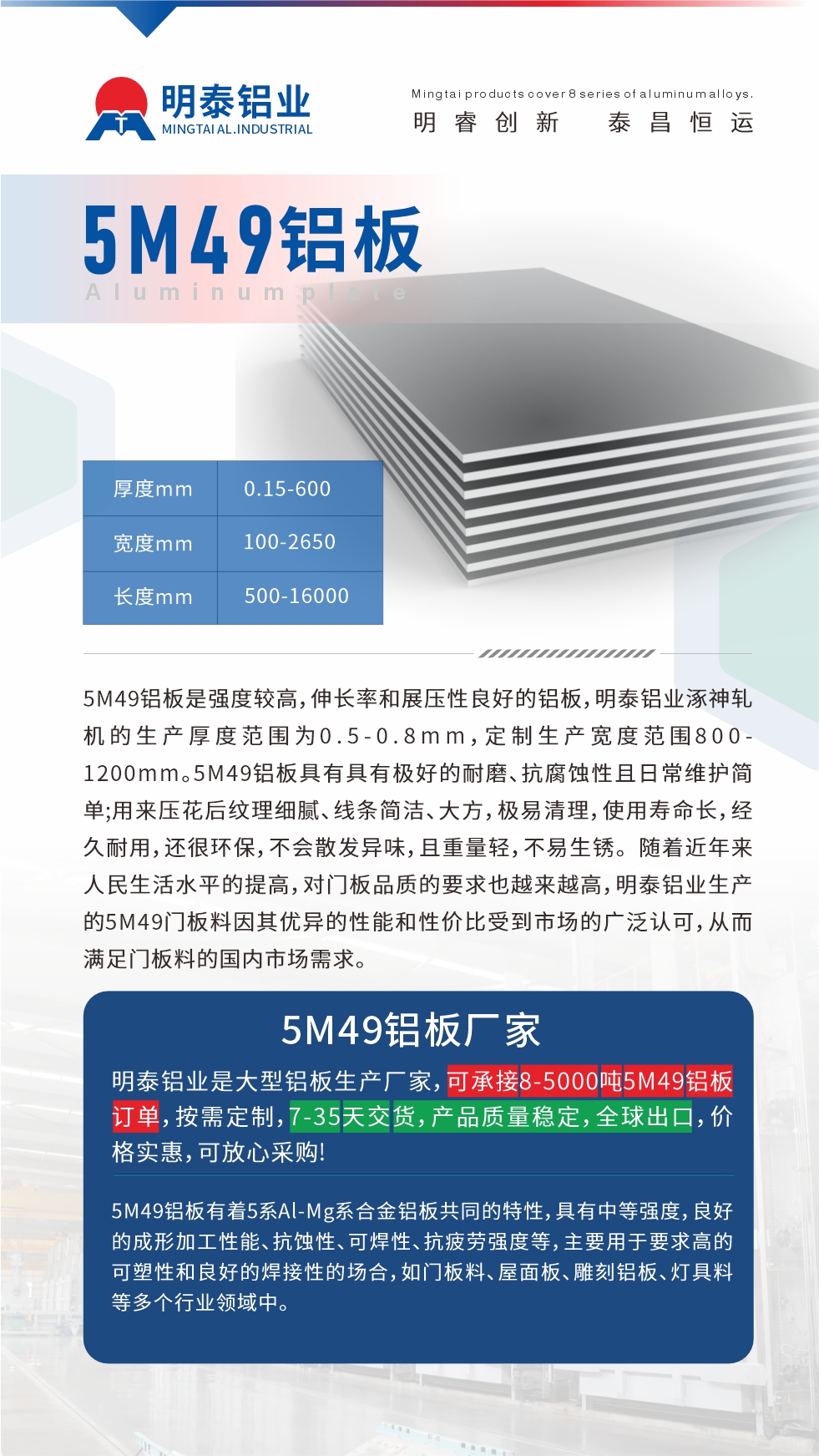 5M49鋁板是強度較高，伸長率和展壓性良好的鋁板，明泰鋁業(yè)涿神軋機的生產厚度范圍為0.5-0.8mm，定制生產寬度范圍800-1200mm。5M49鋁板具有具有極好的耐磨、抗腐蝕性且日常維護簡單;用來壓花后紋理細膩、線條簡潔、大方，極易清理，使用壽命長，經久耐用，還很環(huán)保，不會散發(fā)異味，且重量輕，不易生銹。 隨著近年來人民生活水平的提高，對門板品質的要求也越來越高，明泰鋁業(yè)生產的5M49門板料因其優(yōu)異的性能和性價比受到市場的廣泛認可，從而滿足門板料的國內市場需求。
