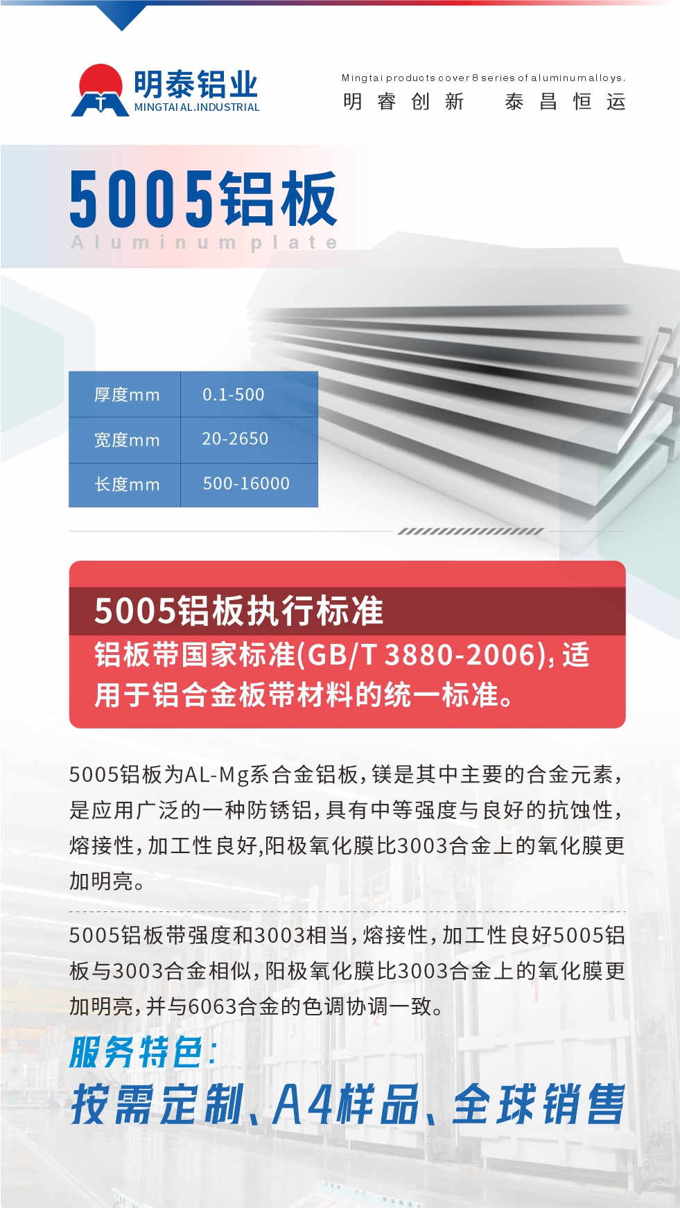 產(chǎn)品介紹

5005鋁板為AL-Mg系合金鋁板，鎂是其中主要的合金元素，是應(yīng)用廣泛的一種防銹鋁，具有中等強度與良好的抗蝕性，熔接性，加工性良好,陽極氧化膜比3003合金上的氧化膜更加明亮。

5005鋁板帶強度和3003相當(dāng)，熔接性，加工性良好5005鋁板與3003合金相似，陽極氧化膜比3003合金上的氧化膜更加明亮，并與6063合金的色調(diào)協(xié)調(diào)一致。服務(wù)特色：按需定制、A4樣品、全球銷售!


