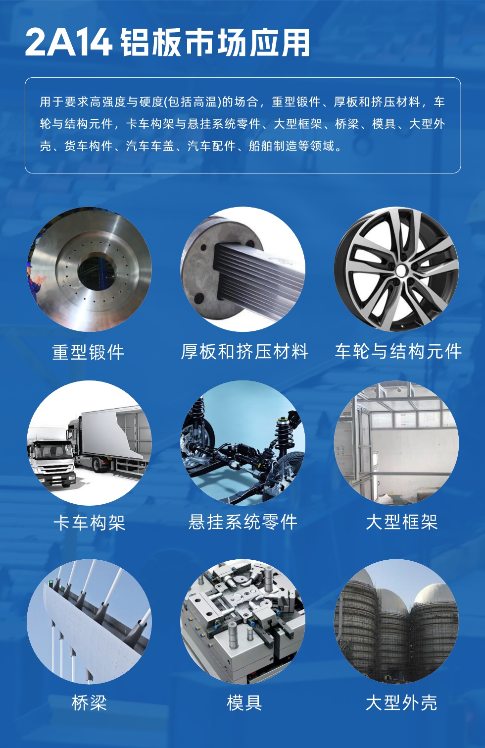 2A14鋁板市場(chǎng)應(yīng)用：

用于要求高強(qiáng)度與硬度(包括高溫)的場(chǎng)合，重型鍛件、厚板和擠壓材料，車輪與結(jié)構(gòu)元件，卡車構(gòu)架與懸掛系統(tǒng)零件、大型框架、橋梁、模具、大型外殼、貨車構(gòu)件、汽車車蓋、汽車配件、船舶制造等領(lǐng)域。
